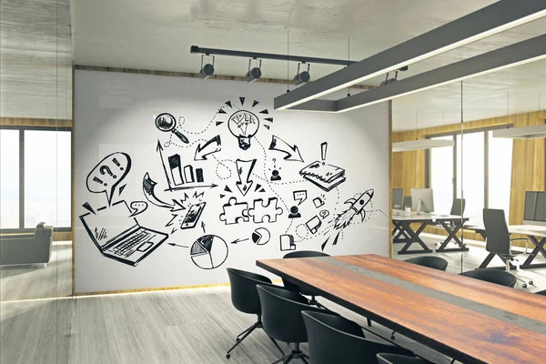 Modern meeting room with creative sketch on whiteboard. Success and seminar concept. 3D Rendering