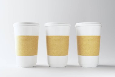 Boş üç beyaz kağıt kahve açık renkli su bardağı. Restoran ve reklam kavramı al. Alay etmek yukarıya, 3d render 
