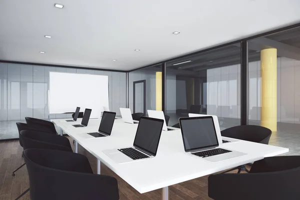 Modern Conference Room Interior Laptops Whiteboard Mock Rendering — Fotografie, imagine de stoc