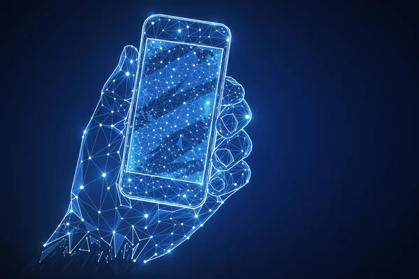 Veelhoekige Hand Met Smartphone Blauwe Achtergrond Met Kopie Ruimte Technologie — Stockfoto