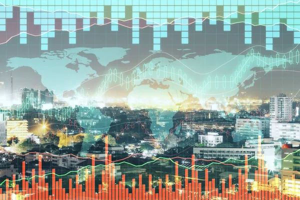 Stock, global business and market concept. Creative forex chart and map on city background. Double exposure