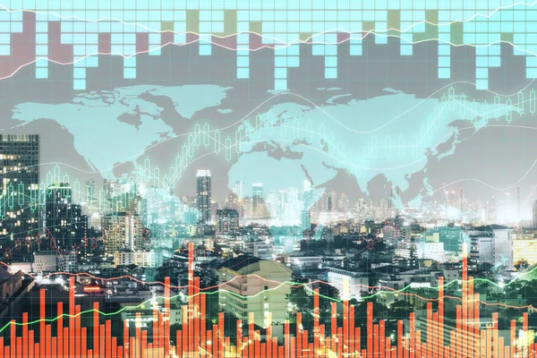 グローバルのビジネスと貿易の概念 創造的な外国為替チャートと都市背景の地図 二重露光 — ストック写真