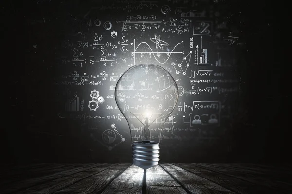 Lâmpada Iluminada Com Fórmulas Matemáticas Ideia Ciência Conceito Inovação Renderização — Fotografia de Stock