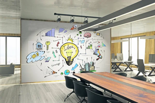 Meeting room interior with business sketch on whiteboard. Idea and finance concept. 3D Rendering