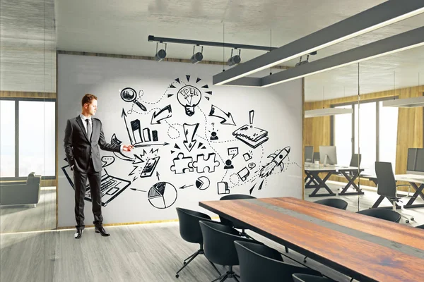 Businessman drawing business sketch in modern meeting room. Presentation and strategy concept. 3D Rendering