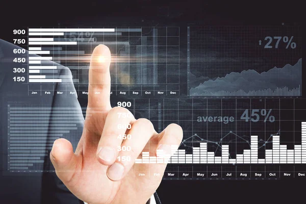 Empresario Mano Señalando Gráfico Divisas Brillante Sobre Fondo Borroso Concepto —  Fotos de Stock