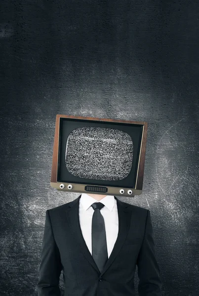 Headed Businessman Standing Concrete Wall Background Brainwash Control Concept — Stock Photo, Image