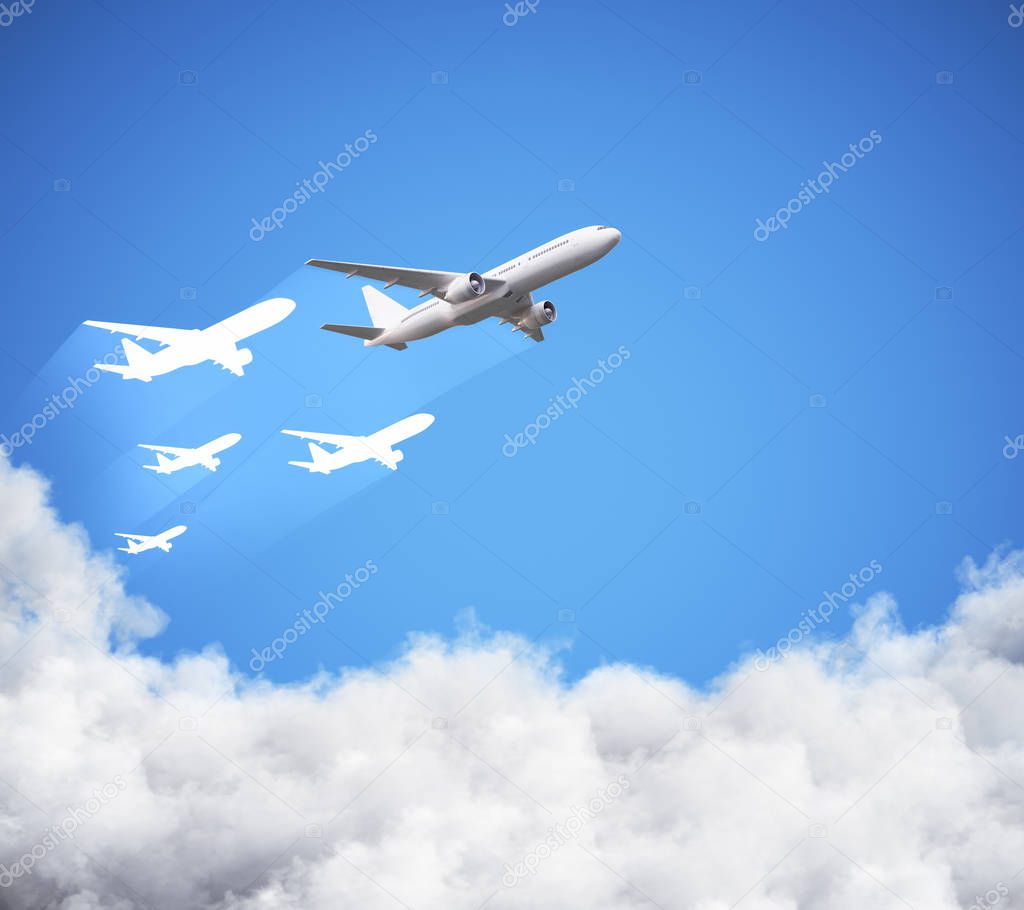 Airplanes in blue sky with clouds. Travel and air concept. 3D Rendering 