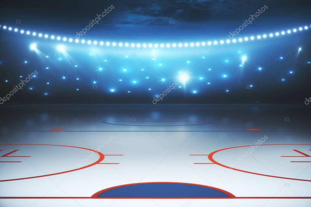 Abstract illuminated hockey field background. Sports concept. 3D Rendering 