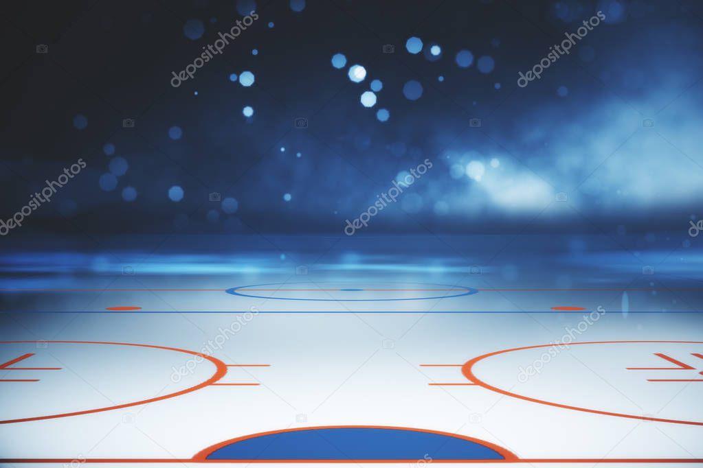 Abstract illuminated hockey field backdrop. Sports concept. 3D Rendering 