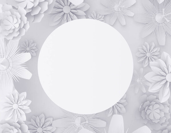 Creative abstract round white floral postcard background. Design, style, text and invitation concept. Mock up, 3D Rendering 