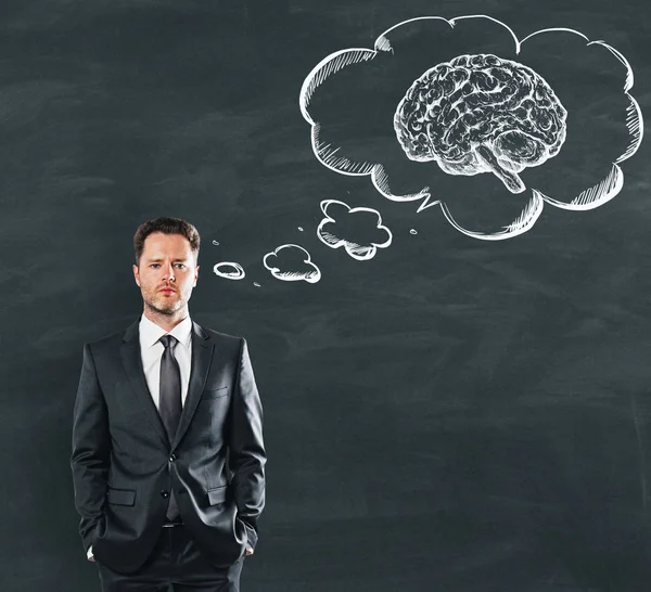 Affärsman Drömmer Stark Hjärnkapacitet Skolan Blackboard Bakgrund Render — Stockfoto