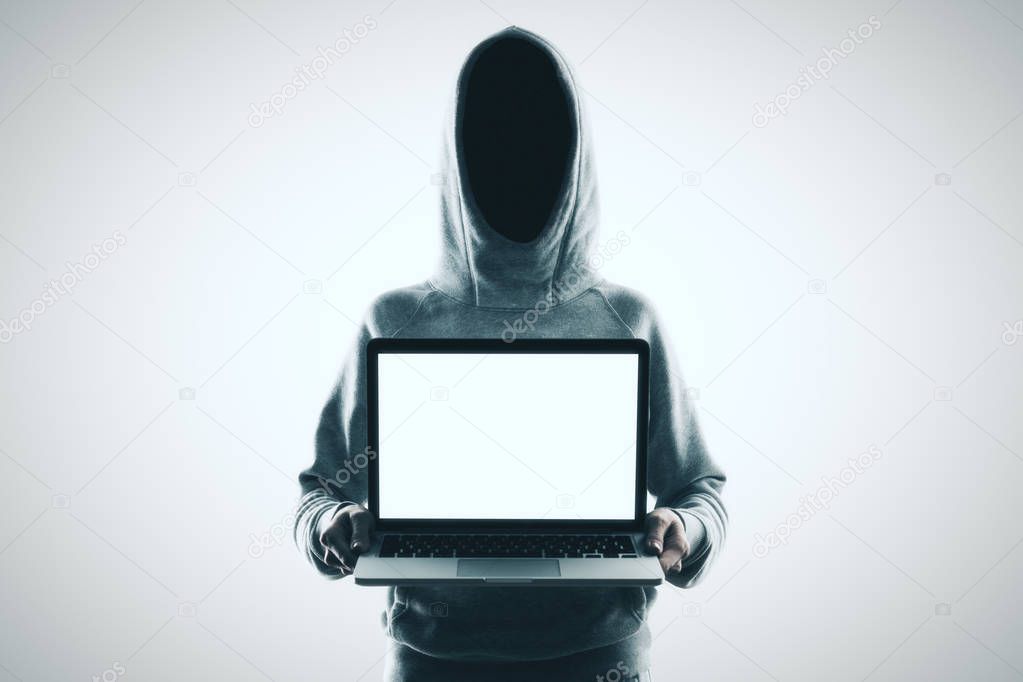 hacker no face with laptop with white blank screen at white background. 3D render