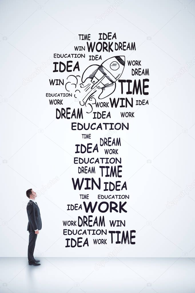 start up concept with businessman looking on words and rocket on white wall. 3D render