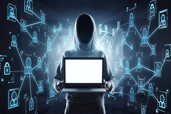 Cyberprzestępczość Hacking Technologii Przestępczości Nie Haker Twarz Ciemnym Pokoju Ikony — Zdjęcie stockowe
