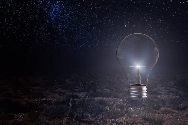 Idea Concept Luminous Light Bulb Night Field Starry Sky Rendering — Stock Photo, Image