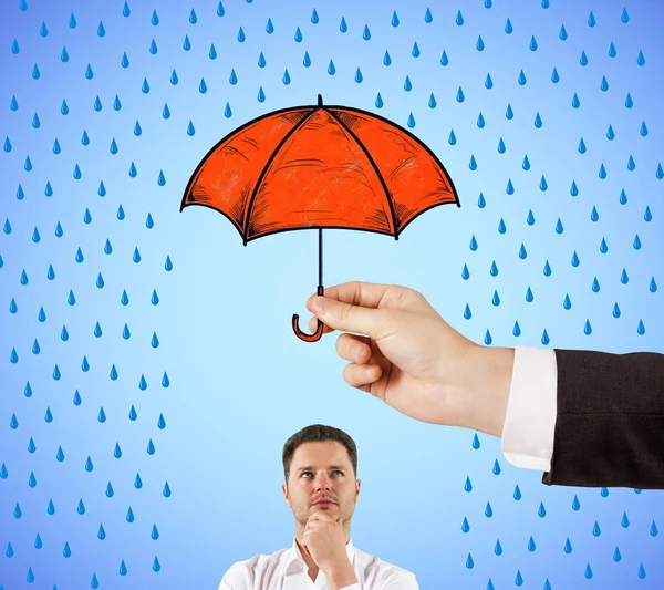 Encontrar Una Solución Concepto Negocio Con Hombre Que Esconde Lluvia — Foto de Stock