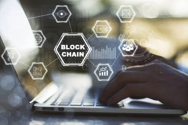 Blockchain Technologie Konzept Mit Diagramm Der Kette Und Verschlüsselten Block — Stockfoto