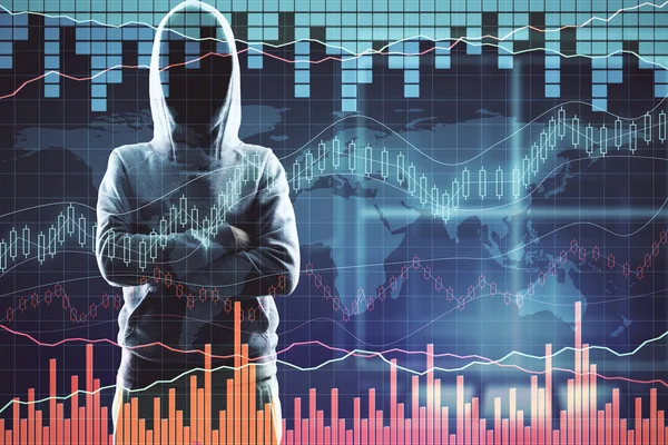 double exposure with no face hacker crossing hands and financial chart at world map background.