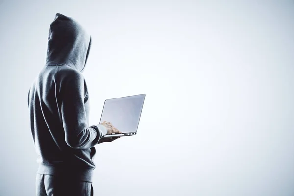 Side View Hacker Grey Hoody Laptop White Background Render Stock Photo