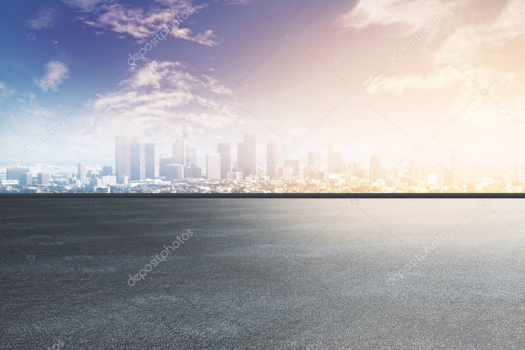 urban landscape road with megapolis city view with skyscrapers. 3D rendering