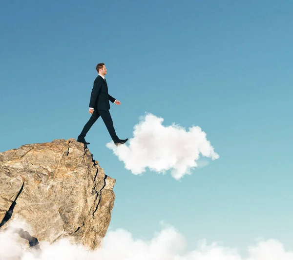 Goal Achievement Concept Businessman Steps Cliff Cloud Blue Sky Background — Stock Photo, Image