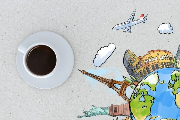 Koncepcja Podróży Filiżanki Kawy Espresso Ciągnione Globe Zabytków Wokół Renderowania — Zdjęcie stockowe
