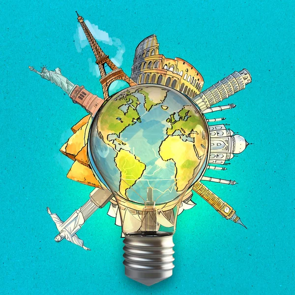 travel concept with light bulb with world map inside and famous drawn city sights around. 3d rendering
