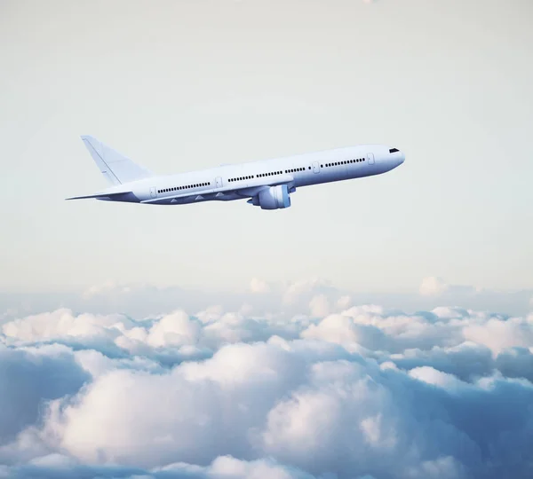 Voando Avião Céu Acima Nuvens Brancas Renderização — Fotografia de Stock