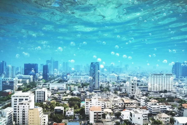 underwater megapolis city with bubbles instead of sky. 3d rendering