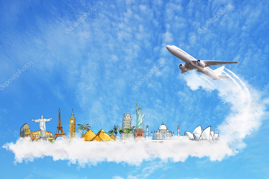 travel concept with famous city sights on clouds and take-off airplane at blue sky background. 3d rendering