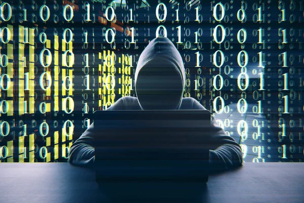 Geen Gezicht Hacker Met Laptop Bij Code Achtergrond — Stockfoto