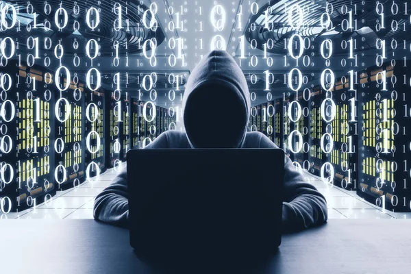 Ningún Hacker Cara Que Trabaja Ordenador Portátil Fondo Código — Foto de Stock