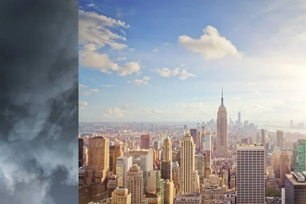 Wetterwechsel Von Stürmischen Wolken Blauem Himmel Über Der Millionenstadt Darstellung — Stockfoto