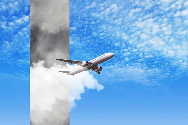 Großflugzeug Fliegt Von Stürmischem Himmel Blauem Himmel Mit Wolken Darstellung — Stockfoto