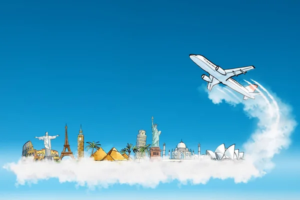 旅游概念与绘制的世界各地的云和平面上的蓝天背景的城市景点 — 图库照片