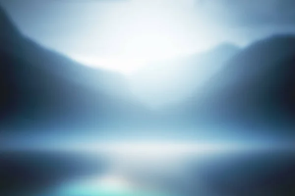 abstract blured blue half tone nature with hills, water and sun. 3d rendering