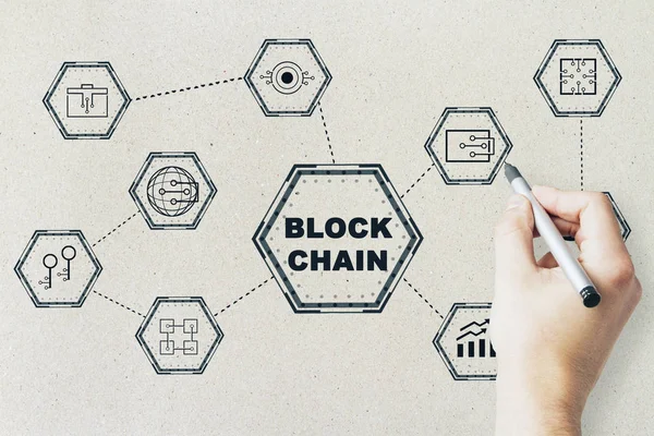 Blockchain Netwerk Concept Gedistribueerde Grootboek Technologie Blokkeren Keten Tekst Met — Stockfoto