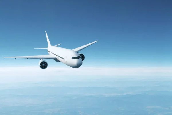 Air Travel Concept White Airplane Flying White Clouds Blue Sky — Stock Photo, Image