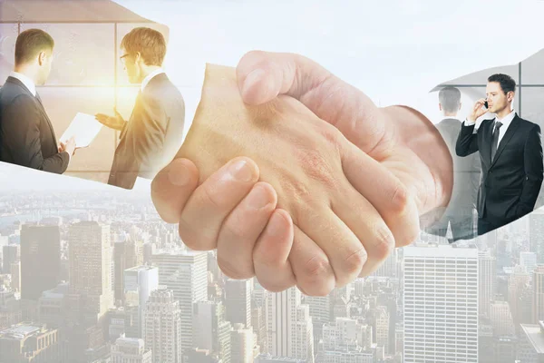 Double Exposure Businessmen Handshake Business People City Background — Stock Photo, Image