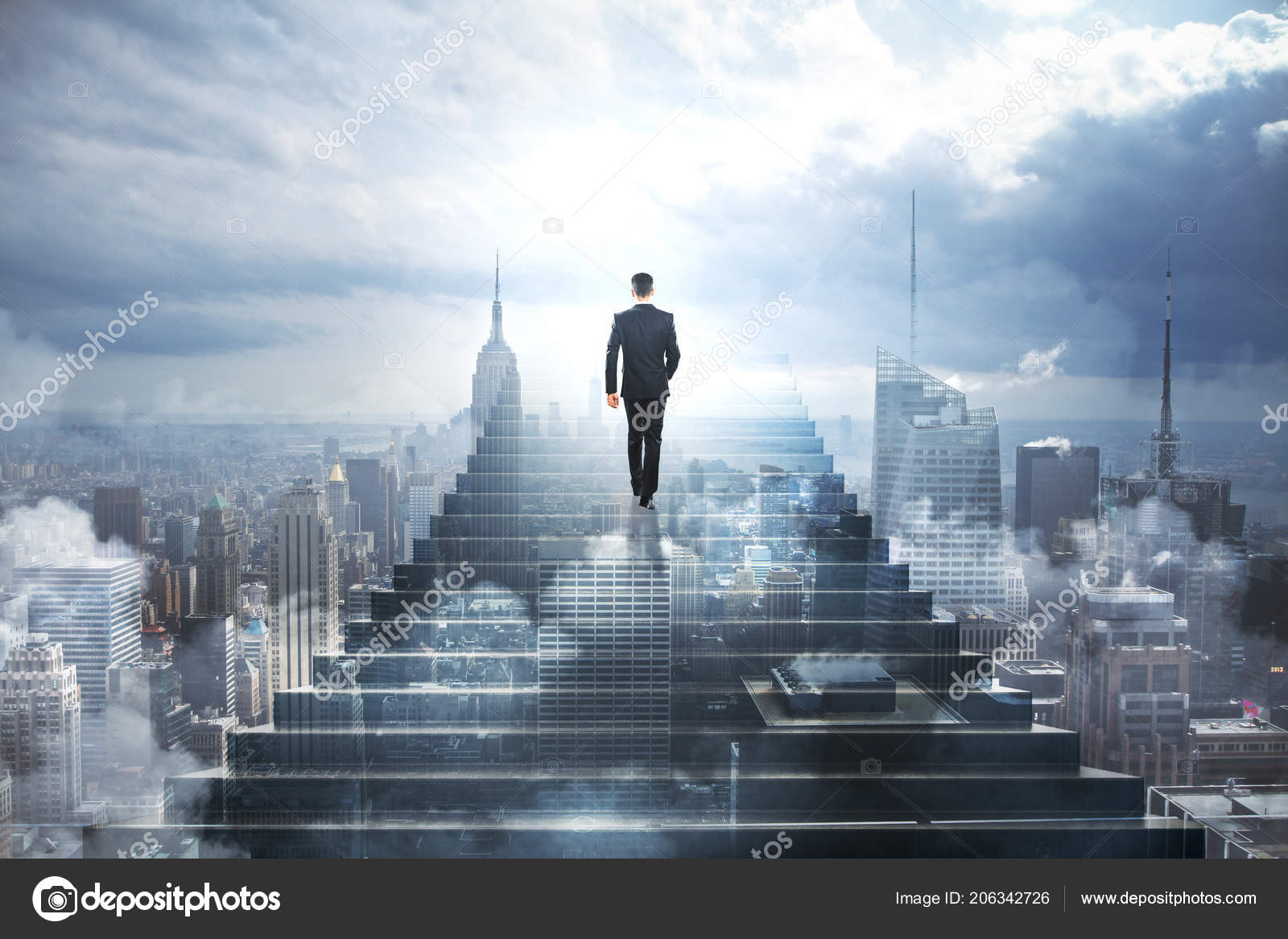 Back View Young Businessman Climbing Abstract Stairs City Sky Background  Stock Photo by ©peshkov 206342726