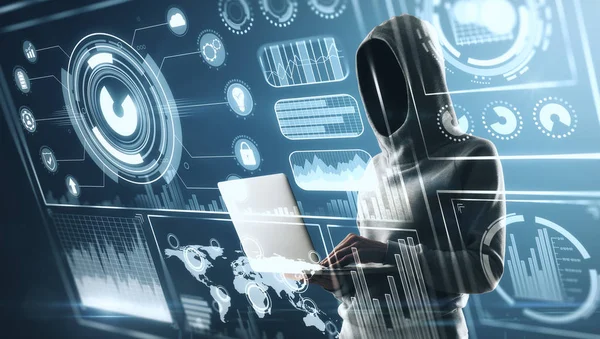 Kein Gesicht Hacker Mit Laptop Und Abstrakten Cyberspace Digitalen Bildschirm — Stockfoto