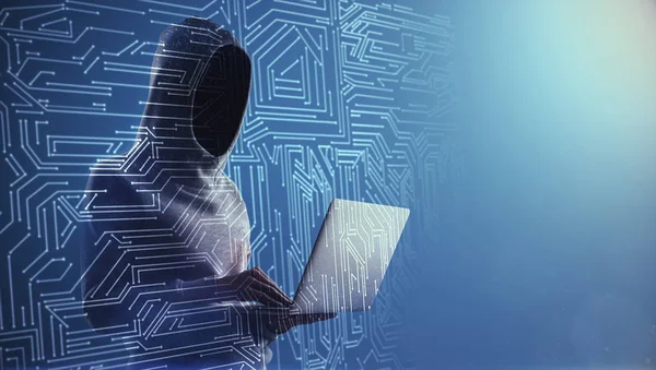 Seitenansicht Auf Hacker Prozess Mit Laptop Und Digitale Leinwand - 