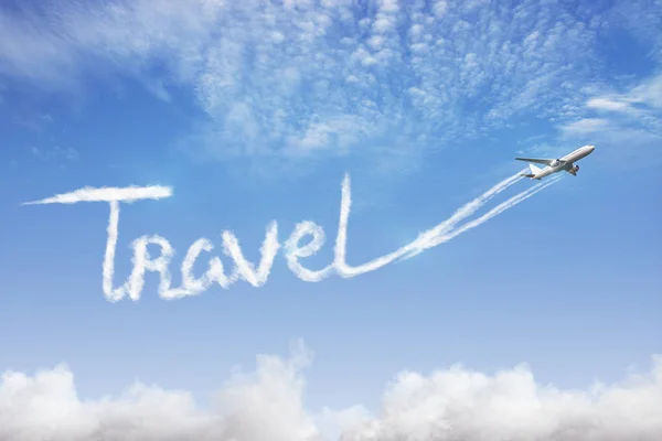 Beautiful Travel Concept Image Cloud Text Airplane Sky Traveling Tourism — Stock Photo, Image