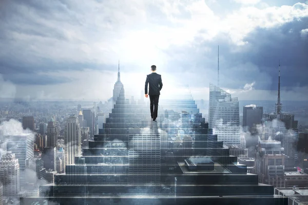 Back View Young Businessman Climbing Abstract Stairs City Sky Background — Stock Photo, Image