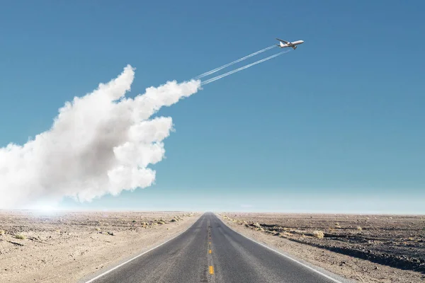 Abstrakter Straßenhintergrund Mit Flugzeug Und Zeigender Wolkenhand — Stockfoto