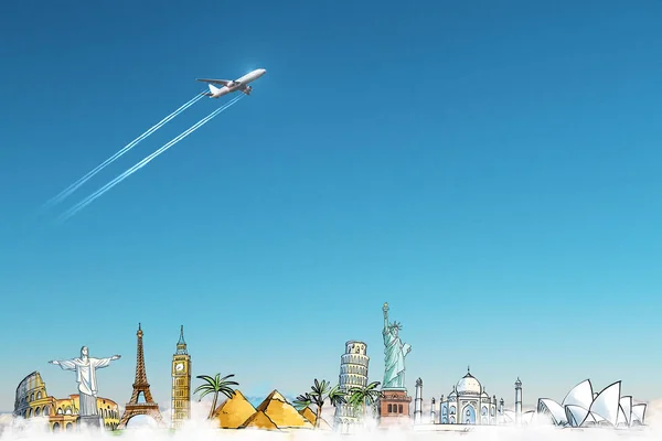 Dibujo Viaje Creativo Fondo Del Cielo Con Avión Concepto Turismo — Foto de Stock