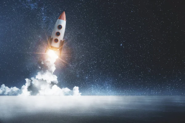 暗い星空の創造的な打ち上げロケット スタートアップと探査の概念 レンダリング — ストック写真