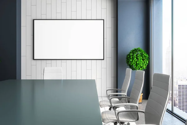 Modern meeting room interior with empty banner on wall and city view with daylight. Presentation concept. Mock up, 3D Rendering
