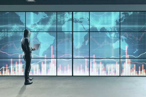 Hacker standing in interior with forex chart and map view. Cryptocurrency and hacking concept. 3D Rendering